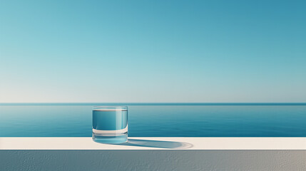 グラスに入った水と青空と海