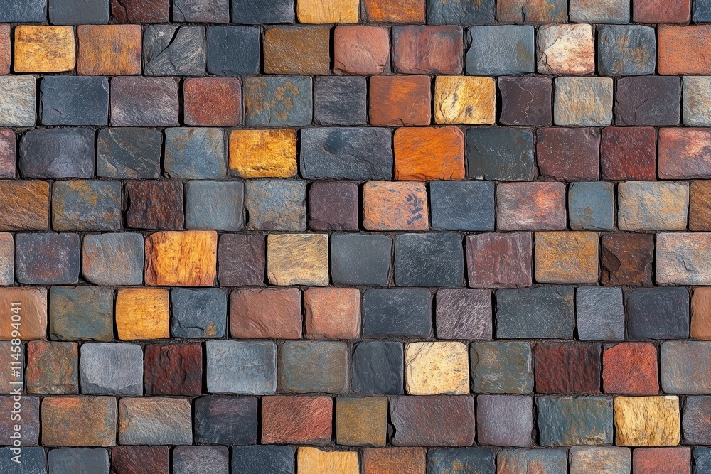 Poster a close-up view of a textured wall made of various colored slate stones arranged in a grid pattern. 