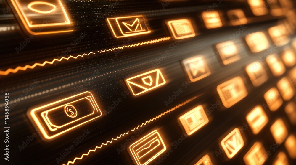 Poster glowing orange app icons flowing on a dark background.