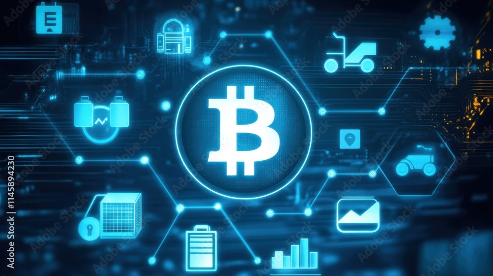 Aufkleber Glowing bitcoin symbol with tech icons on circuit board.