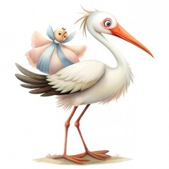 Obraz premium Cute Stork Holding Baby in Blue and Pink Outfit