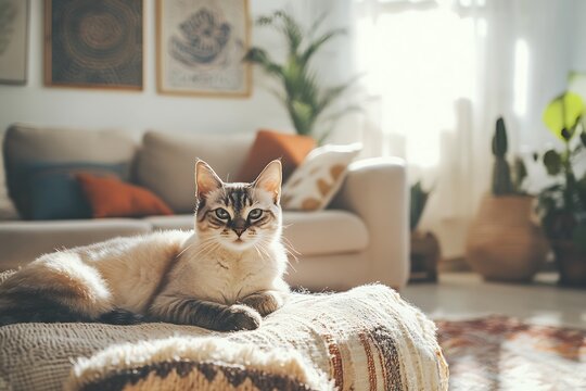 A Serene Siamese Cat Resting On A Cozy Throw - Powered by Adobe