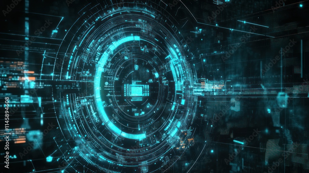 Aufkleber Glowing teal digital interface with complex circuitry pattern.