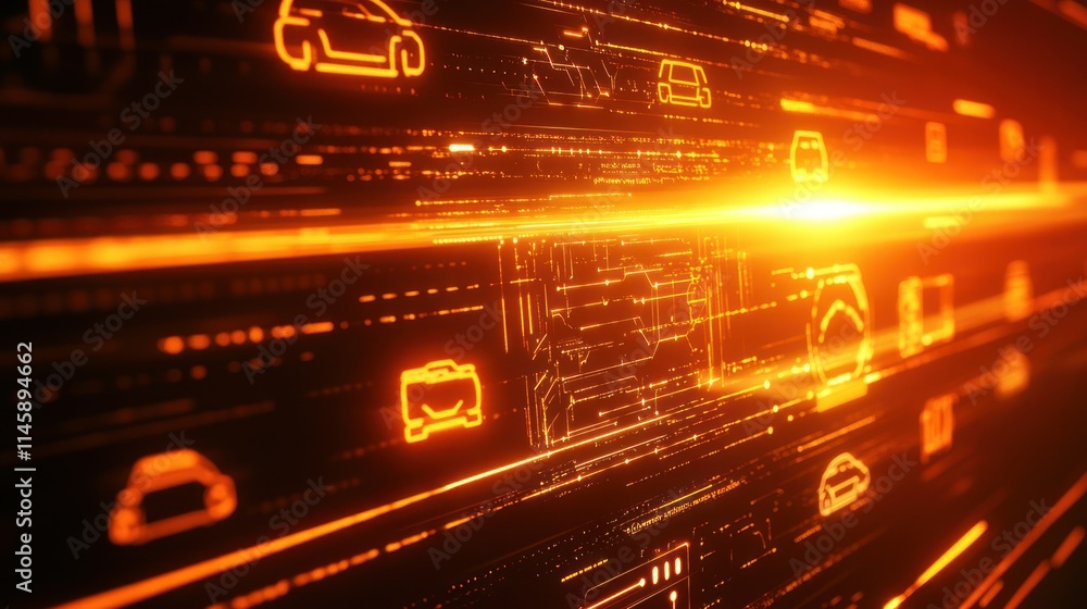 Aufkleber Orange digital icons flow in abstract lines with bright light.