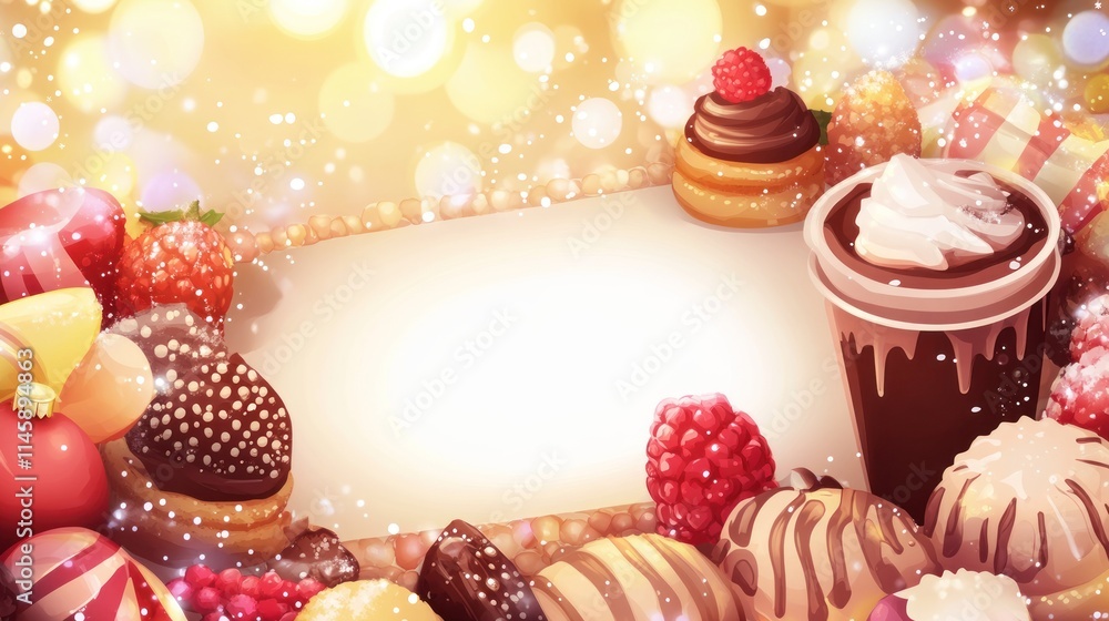 Poster assorted desserts frame a blank space with bokeh.