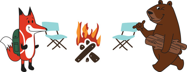 Friendly Fox and Bear Enjoying a Campfire