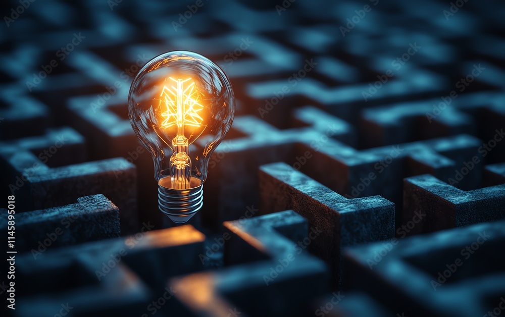 Poster glowing lightbulb surrounded by a maze, symbolizing the journey of finding ideas and solutions withi