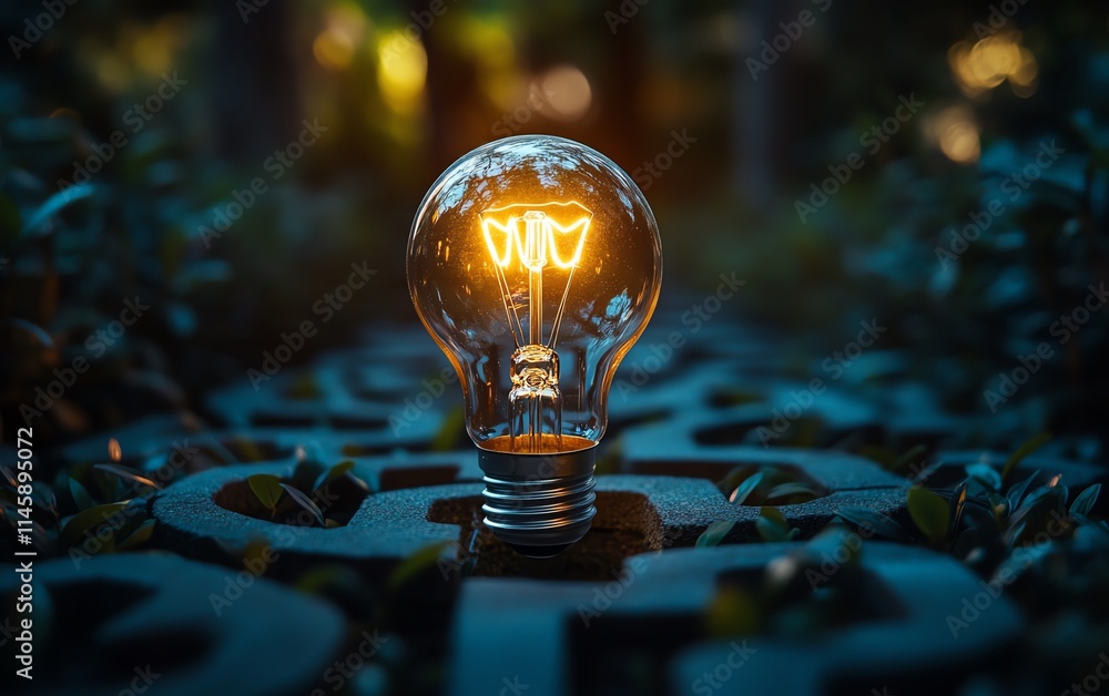 Poster glowing lightbulb surrounded by a maze, symbolizing the journey of finding ideas and solutions withi