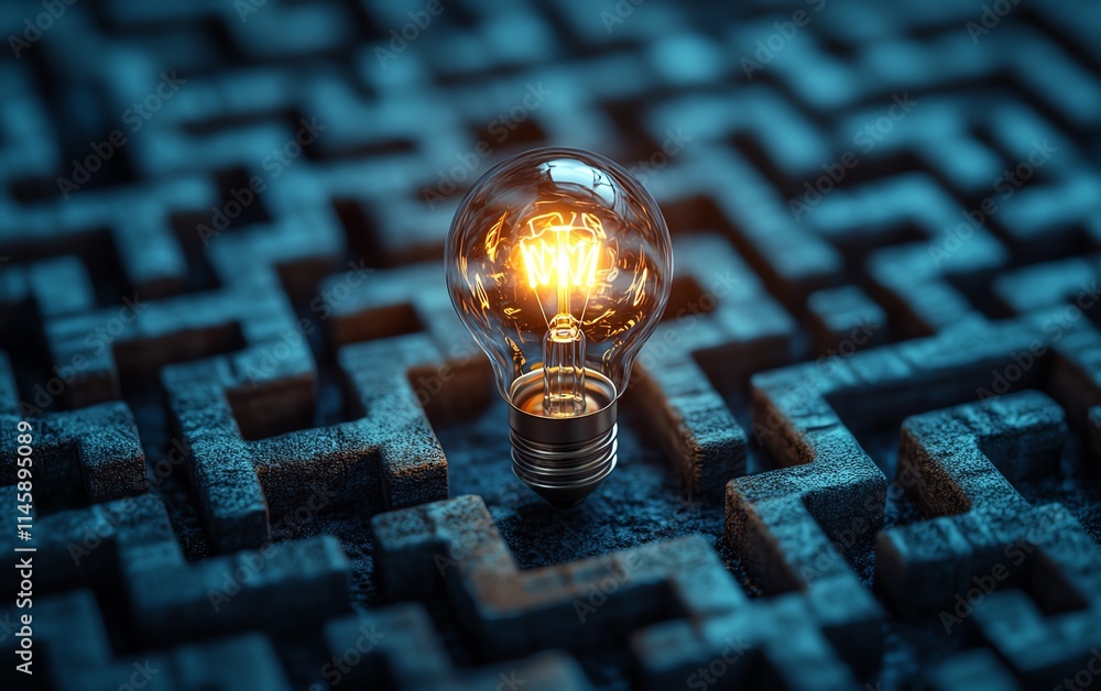 Poster glowing lightbulb surrounded by a maze, symbolizing the journey of finding ideas and solutions withi