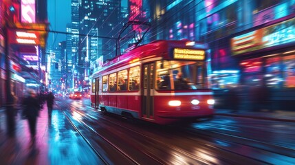 Obraz premium Night city street scene with a red streetcar, blurred motion, vibrant neon lights, and rain-slicked streets.