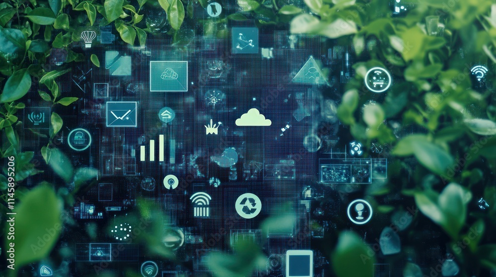 Poster green leaves frame floating tech icons.