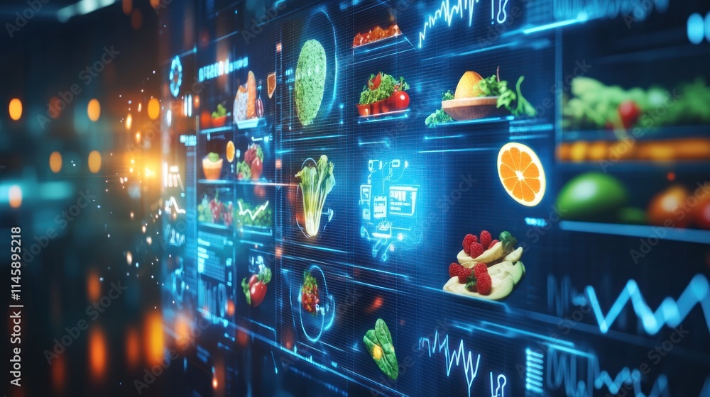 Poster Glowing interface displays food data with graphics.