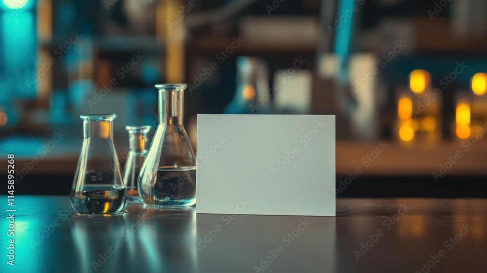 Aufkleber laboratory glassware with blank card on reflective surface.