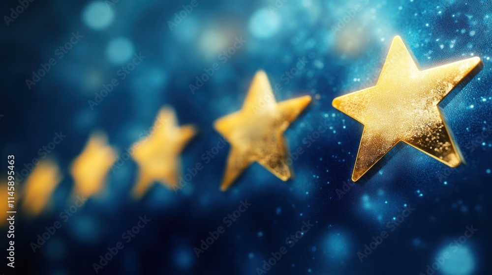 Aufkleber golden stars lined up on blue background with bokeh effects.