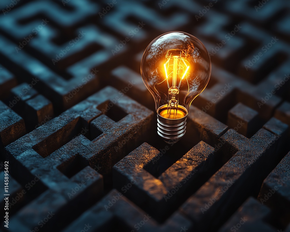 Poster lightbulb glowing at the center of a maze, symbolizing the clarity of ideas and solutions within com