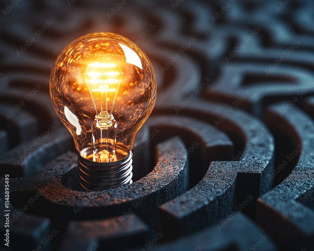 Poster lightbulb glowing at the center of a maze, symbolizing the clarity of ideas and solutions within com