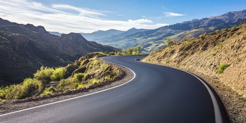 Scenic asphalt road winding through majestic mountains, ideal for a thrilling road trip. Experience the stunning beauty of this asphalt road against a backdrop of breathtaking landscapes.