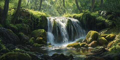 Fototapeta premium Lush forest waterfall cascading over rocks adorned with vibrant green moss, creating a serene atmosphere in the deep forest where nature thrives, showcasing the beauty of a tranquil forest waterfall.