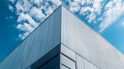 Factory industry, Architecture Building with Aluminium Facade on Blue Sky Background, Backdrop Wall Metal Corrugated Steel Surface Pattern, Warehouse Construction in Geometric Modern Design