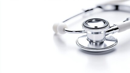 Close-up of a silver stethoscope on white background.