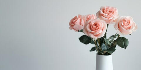 Fototapeta premium Artificial rose flowers displayed in a white vase against a white background, showcasing the beauty of artificial rose flowers in a simple yet elegant arrangement.