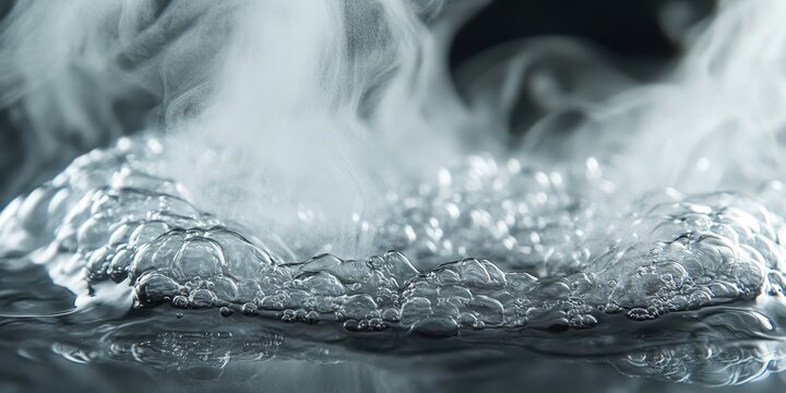 A close up view reveals water at a boiling point, with visible steam rising in the background, highlighting the intense heat and movement in the scene.