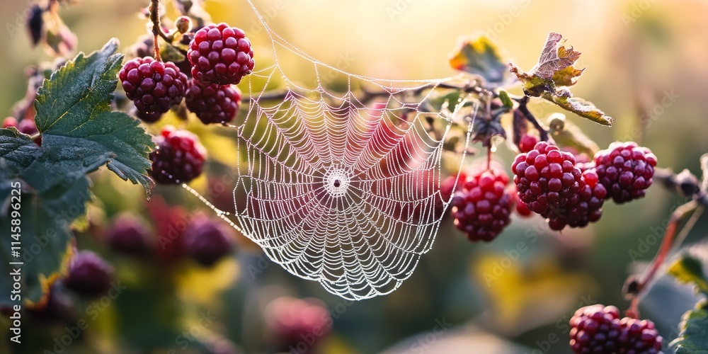 Wall mural intricate spider s web delicately woven within a berry bush, showcasing the beauty and complexity of