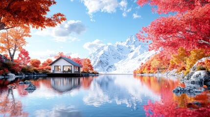 Obraz premium Modern house by autumn lake reflecting mountains.