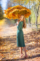 Beautiful slim girl with long red hair holds an umbrella made of maple yellow leaves and walks in the autumn park. Autumn season. Art portrait. Art photography. © Елена Вилкова