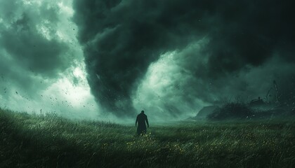 Ominous tornado descending from swirling dark storm clouds over a green field, symbolizing natures fury, powerful winds, dark skies, and intense energy