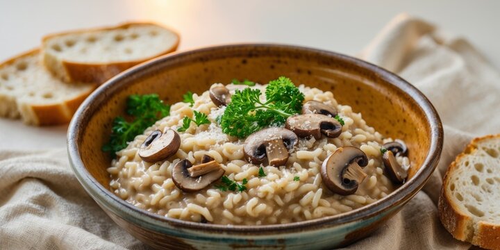 Classic mushroom risotto served in rustic ceramics with bread