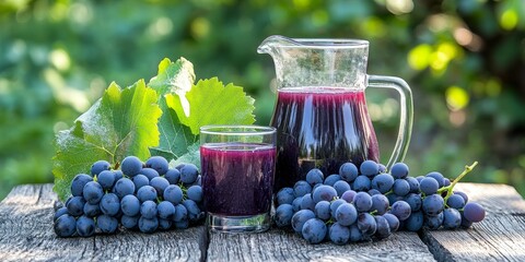 Fresh grape juice served in a glass alongside a jug, accompanied by a ripe bunch of dark blue grapes arranged on a wooden table in an outdoor setting, emphasizes the delightful essence of fresh grape