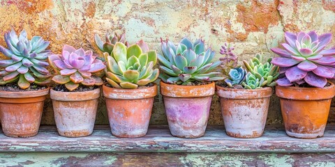 Colorful Succulents in Terracotta Pots Rustic Background Home Decor