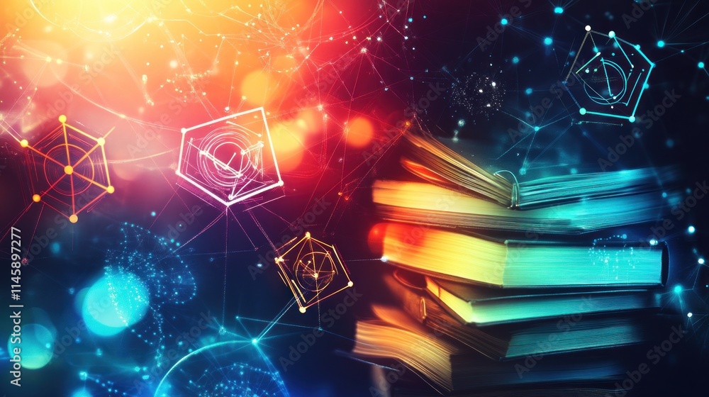 Poster abstract technology icons above stack of books.