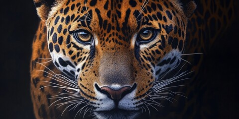 Obraz premium Close up portrait of a jaguar, showcasing the striking features and beauty of the jaguar. This detailed image captures the essence of the jaguar, highlighting its unique patterns and expression.