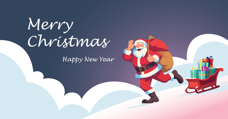 Christmas horizontal banner with Santa Claus, gifts, red sleigh filled with colorful gift boxes, new year banner, Vector illustration for poster