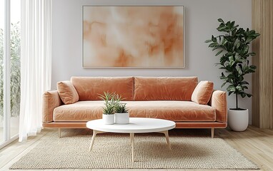 Modern living room interior with orange velvet sofa, coffee table, plants, and abstract art.