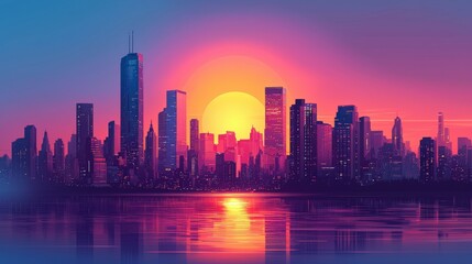 Fototapeta premium A vibrant city skyline at sunset, showcasing tall buildings silhouetted against a colorful sky, reflecting on the water below.