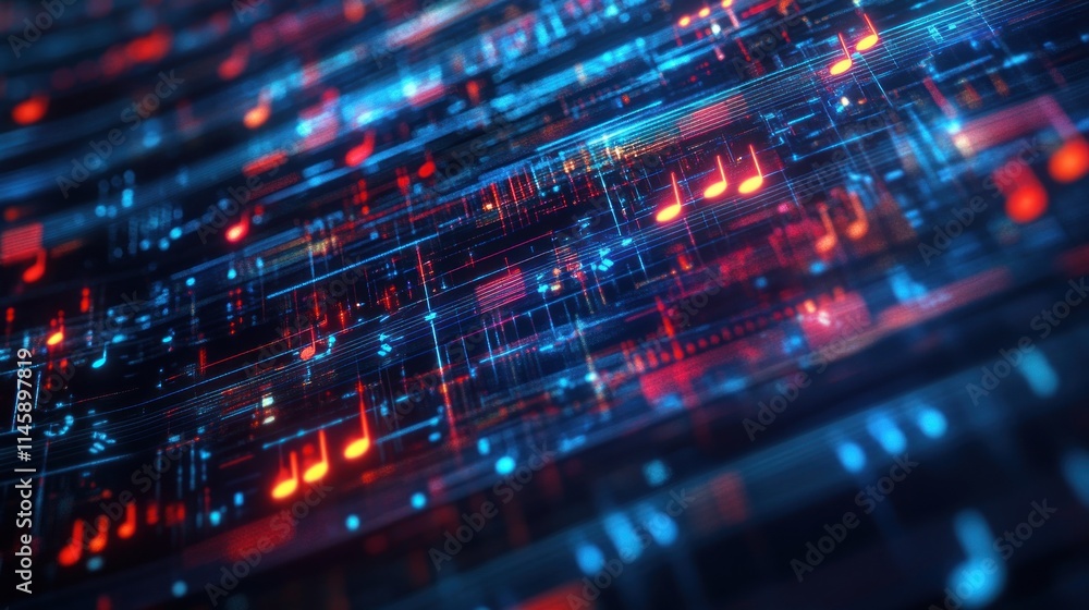 Poster abstract digital musical notes floating on circuit board lines.