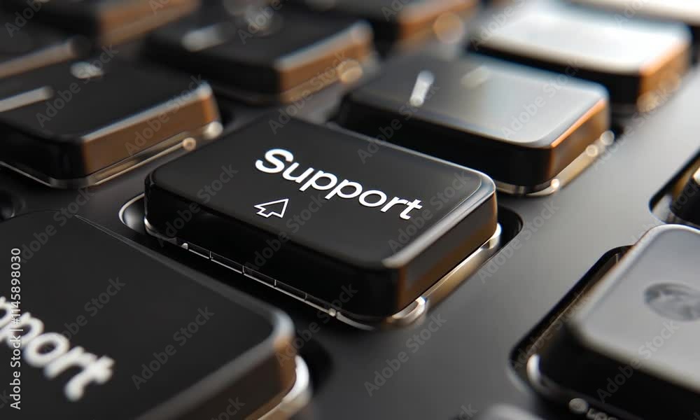 Poster close-up of a black keyboard with a support button highlighted.