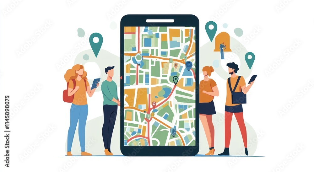 Poster people use map app on phone.