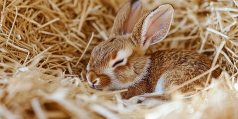 A young rabbit resting in a nest made of straw, featuring a brown coat adorned with spots. This rabbit looks cozy in its straw surroundings.