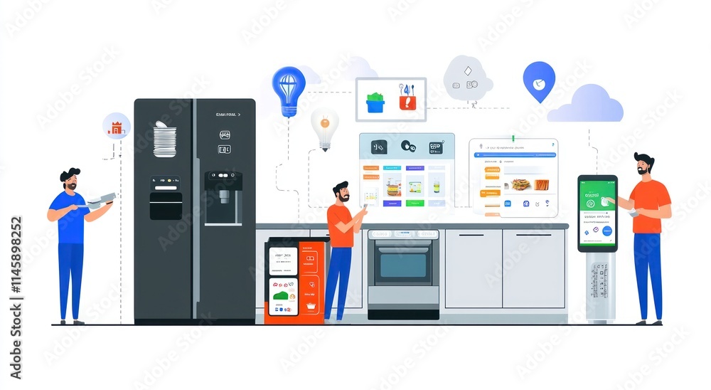 Poster smart home with connected kitchen devices and users.