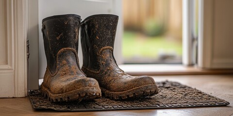 Wellington boots placed on a door mat inside a room, showcasing the concept of dirty footwear and indoor settings these dirty Wellington boots add character to the space.