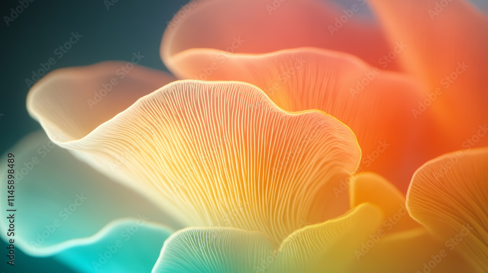 Poster colorful mushroom gills illuminated in soft light, showcasing intricate patterns and textures in a v