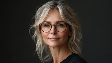 Obraz premium A corporate portrait of a mature executive assistant in a studio, wearing glasses and exuding confidence, represents a professional woman at work.