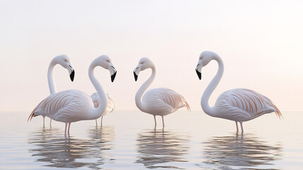 Obraz premium Group of Greater flamingos standing in calm water at sunset, serene scene