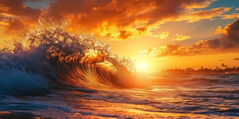 Obraz premium Massive tsunami wave crashing onto the shore during a breathtaking golden sunset light, showcasing the power of nature with the stunning sight of the tsunami wave at dusk.
