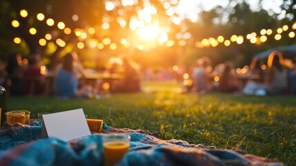Blurry outdoor picnic, sunset, lights, and blanket.