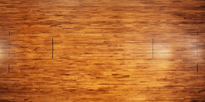 Aerial view of a hardwood maple basketball court floor showcasing its natural texture and pattern, ideal for backgrounds and sports themed designs featuring hardwood textures. - Powered by Adobe